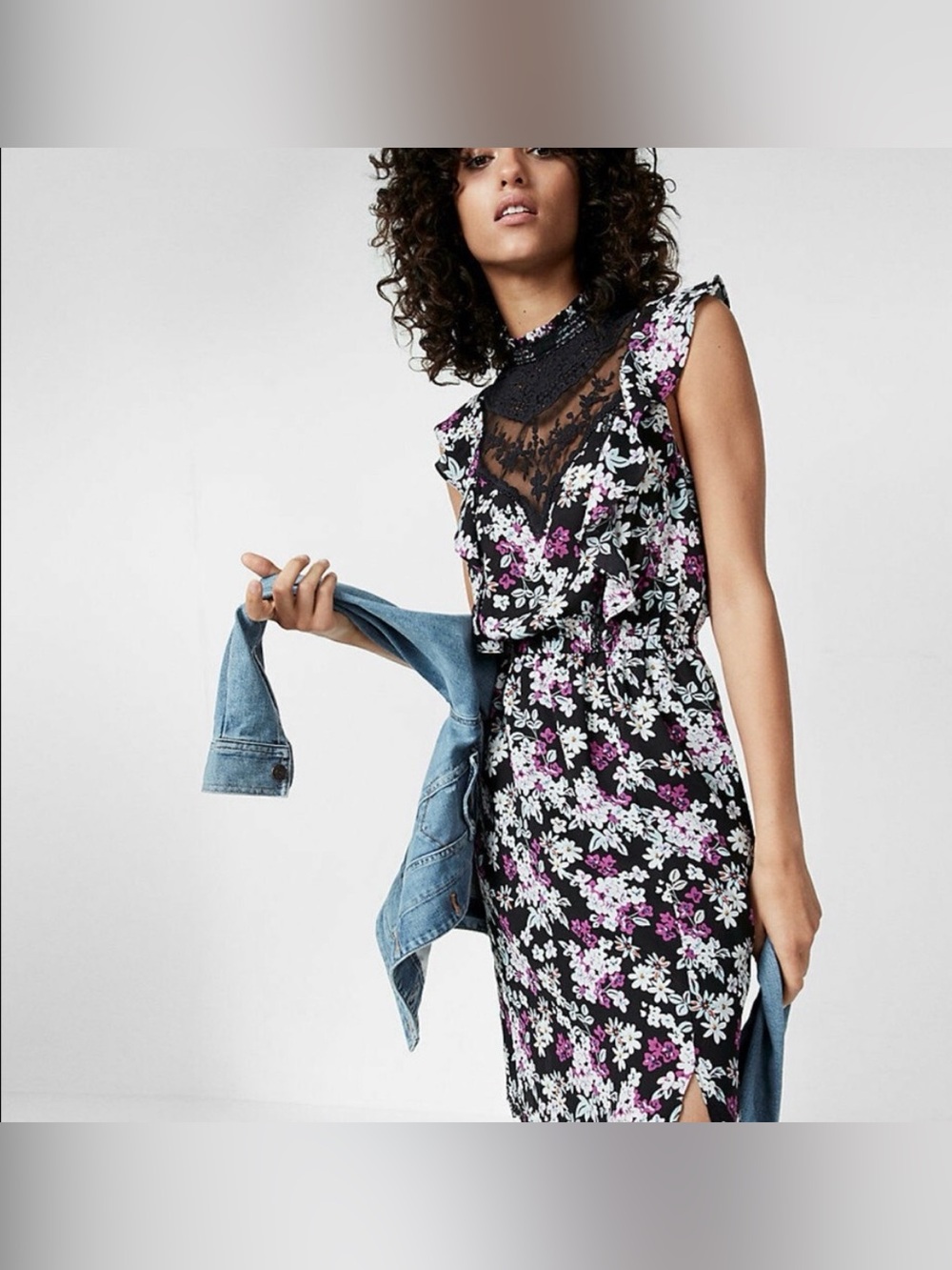 NWOT Express Floral Dress High Neck Lace Detail front slit size M